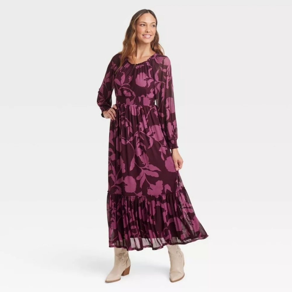 Knox Rose Women's Bishop Long Sleeve A-Line Mesh Maxi Dress